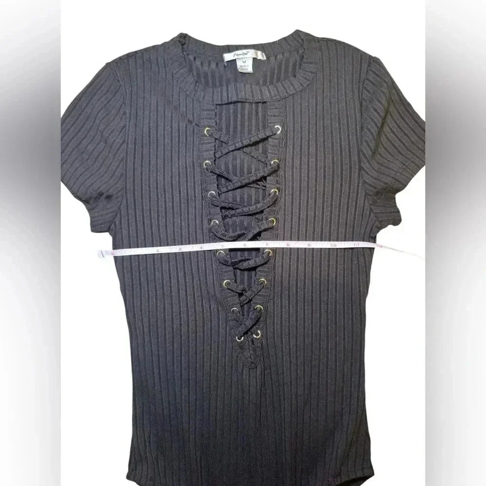 Black Ribboned Lace Up Detail Short Sleeve Bodysuit , Size medium - Picture 7 of 7
